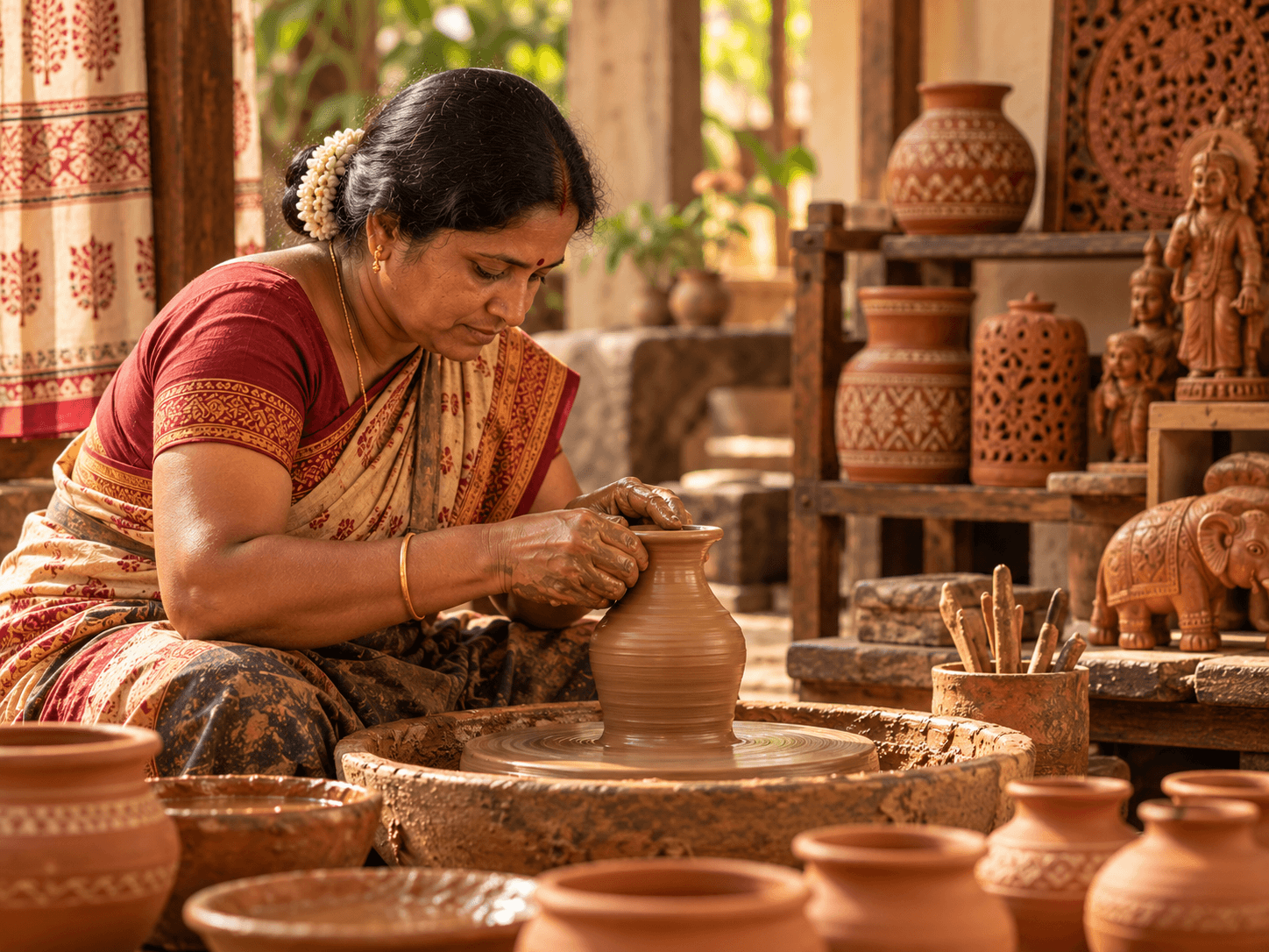 Indian artisan shaping clay pottery